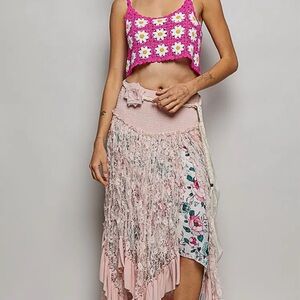POL Asymmetrical Floral Lace Skirt in Pink and Cream